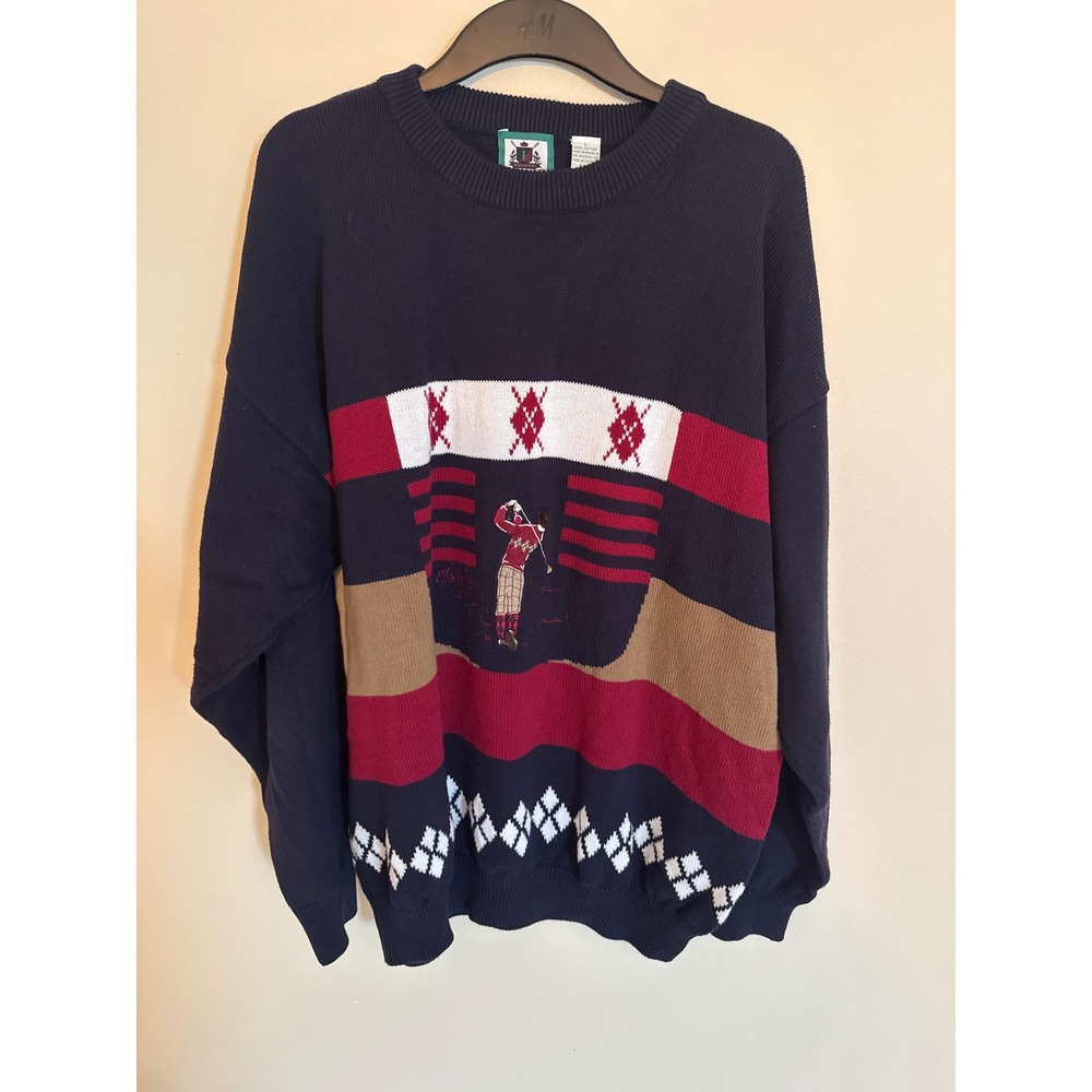 Vintage IZOD Golf Sweater Mens Large Navy Blue Intarsia Knit Embroidered Golfer